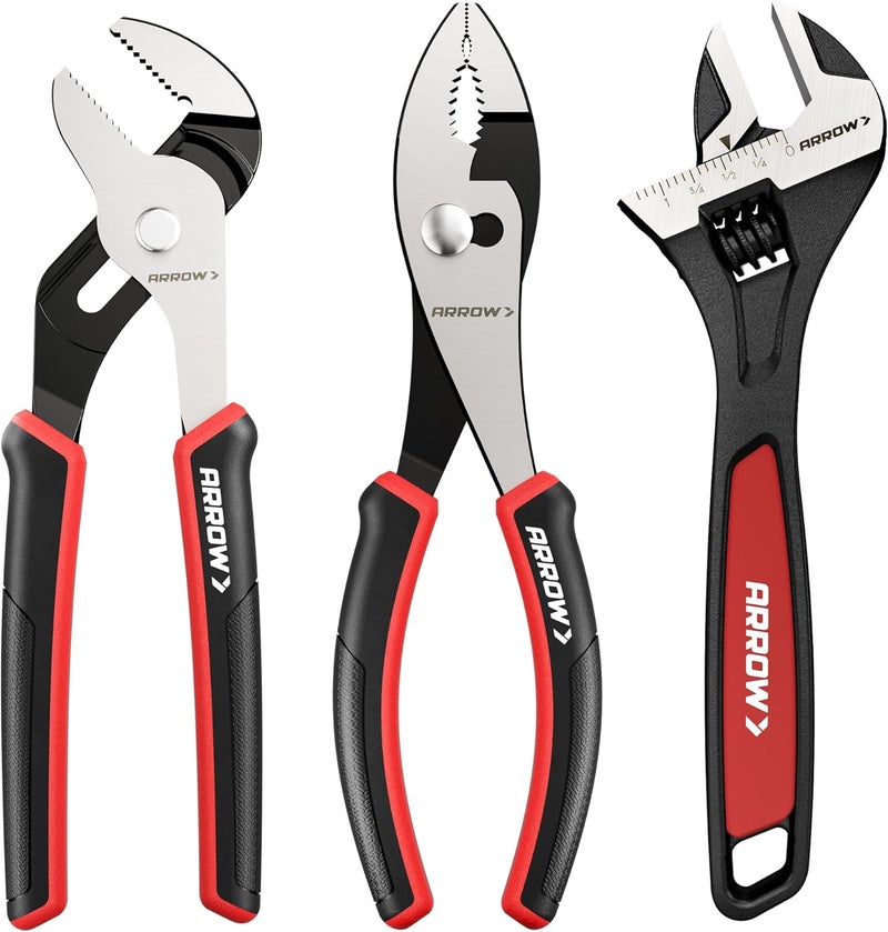 Arrow Fastener ARROW 3-Piece Pliers and Wrench Set, Includes 8 Inch Slip Joint, Groove Joint Pliers & Adjustable Wrench, Comfortable Ergonomic Anti-slip Handle for Basic Repairs - Image 1